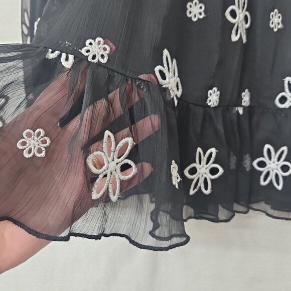 Womens Sz XS sheer Black Ruffle Mini Skirt Embroidered Daisies Fairy Whimsigoth - Picture 2 of 5